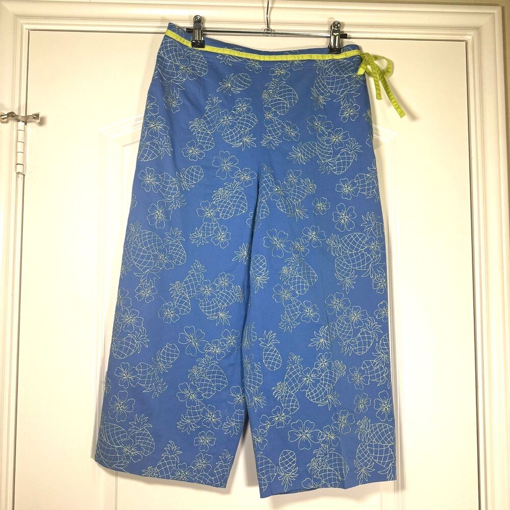 Talbots Blue Pineapple Embroidered Crop Capri Pants Petite
